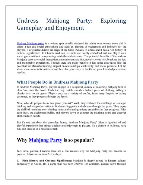 Undress Mahjong Party: Exploring GameplayandEnjoyment